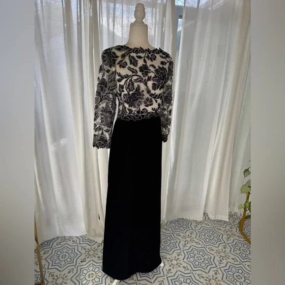 Tadashi Shoji Peony Embroidered Lace Top Black Ivory Gown Dress Size 16 - Picture 4 of 15
